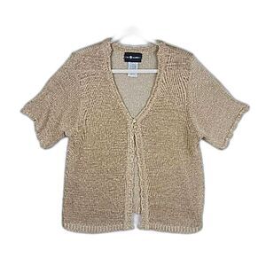 Saks Fifth Avenue Short Sleeve Sweater Cardigan XL Tan Beige Quiet Luxury Boho